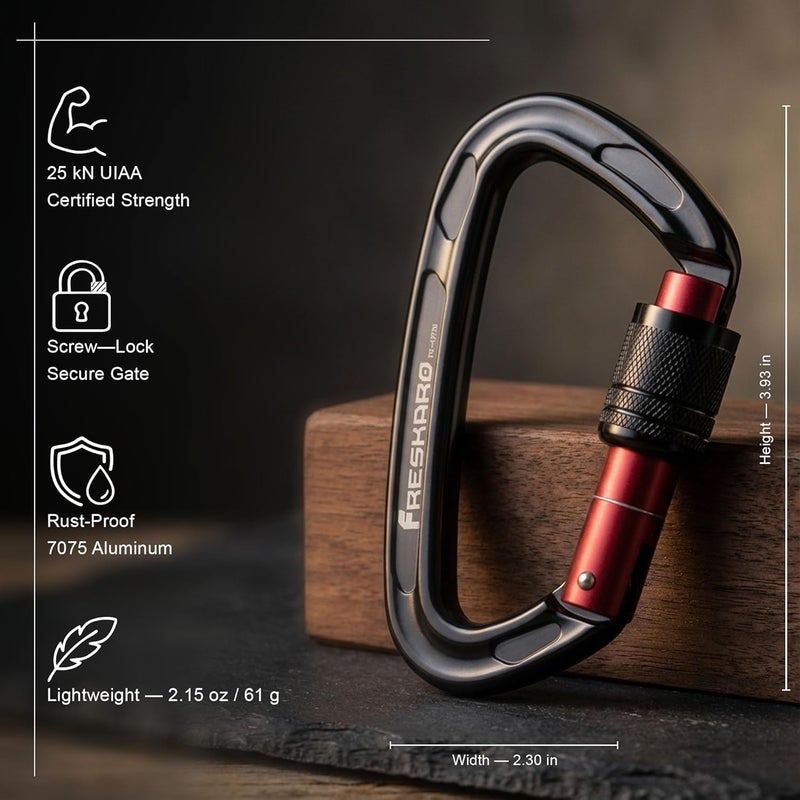 FresKaro 4inches 25kN-5621lbs Climbing Carabiners, UIAA CE Certified, Screw Lock, 7075 Aluminium, Lightweight, Rust Proof, for Mountaineering, Rappelling etc., Multi-Colors - Image 2